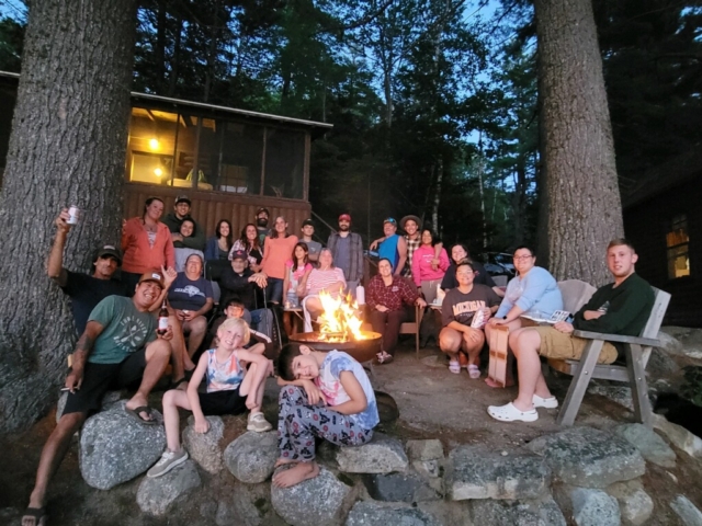 family reunion by a cabin